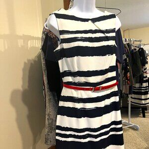 AB STUDIO LINED BLUE WHITE RED BELT LINED WOMENS DRESS SIZE 6 SLEEVELESS V BACK